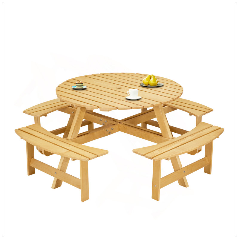 Outdoor 8 Person Picnic Table, 8 Person Round Picnic Table With 4 Built-In Benches, Umbrella Hole, Outside Table And Bench Set For Garden, Backyard, Porch, Patio