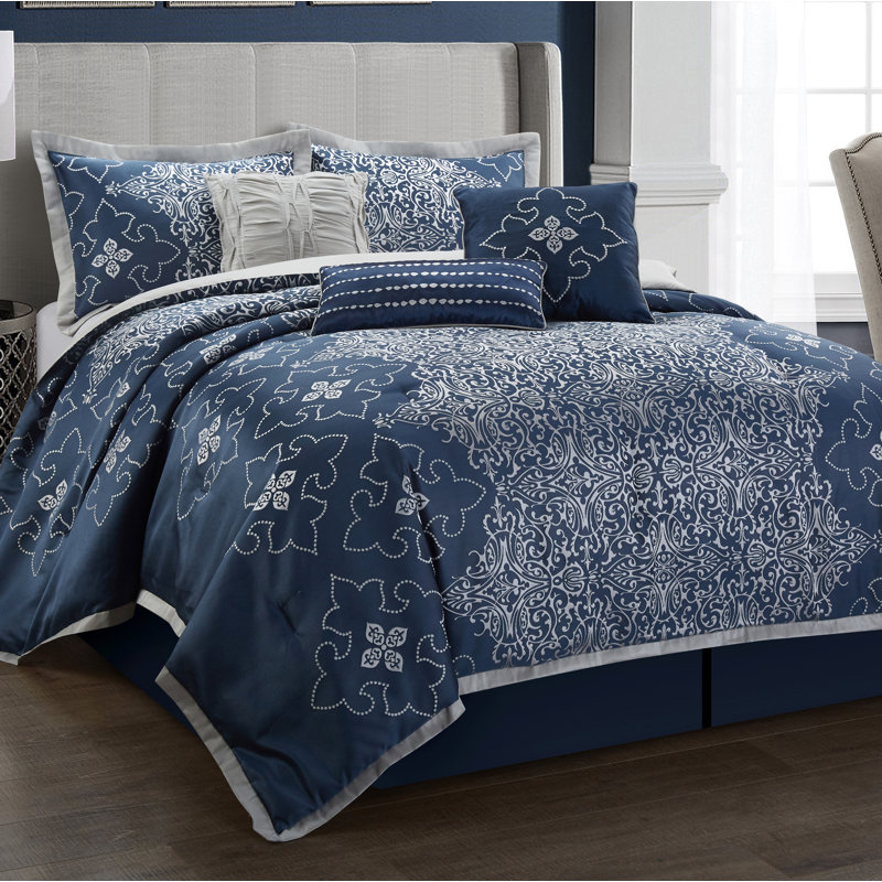 Kelton Comforter Set, Queen Comforter + 6 Additional Pieces, Navy/Silver