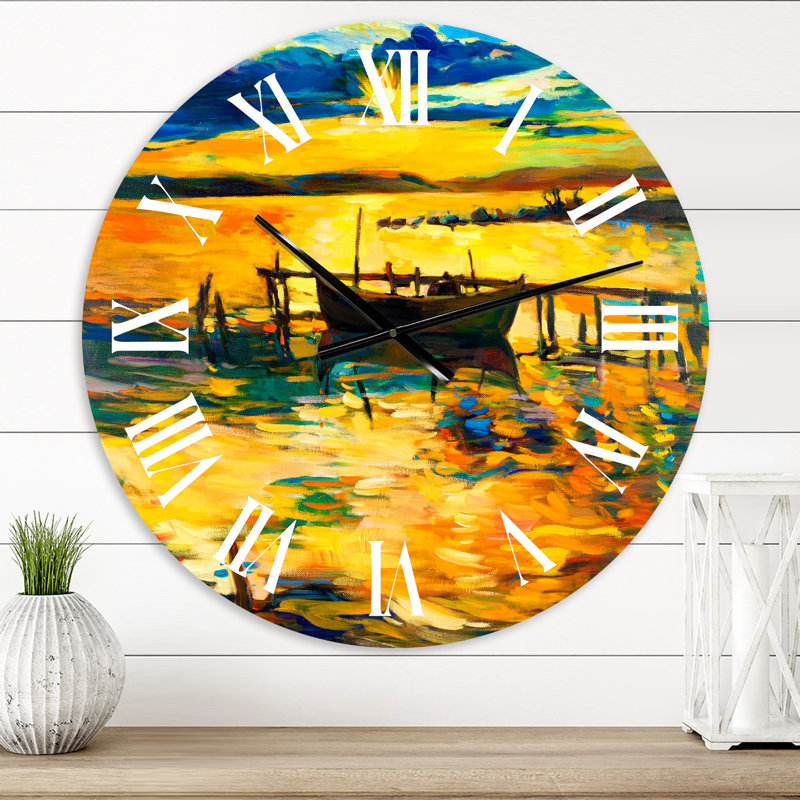 Bateau pendant la soirée, lueur au lac VI - horloge murale nautique et côtière, Petit