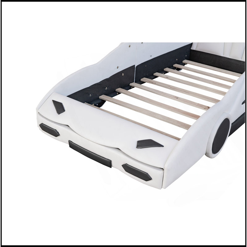 Lit plateforme simple en forme de voiture de course avec roues, blanc