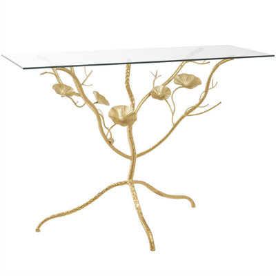 Gold Metal Branch Console Table With Glass Top