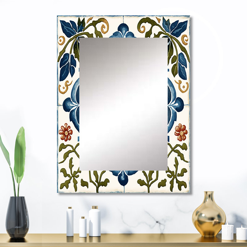 Mediterranean Tiles In Retro Blue I - Tile Mirror, Blue Decorative Wall Mirror, Printed Metal Art, 32" x 24"