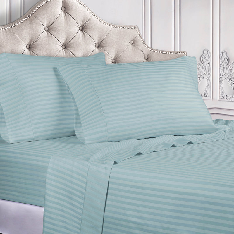 300 Thread Count Certified Egyptian Cotton Stripe Sheet Set, Queen Sheet Set + 1 Fitted Sheet + 2 Pillowcases, Light Blue