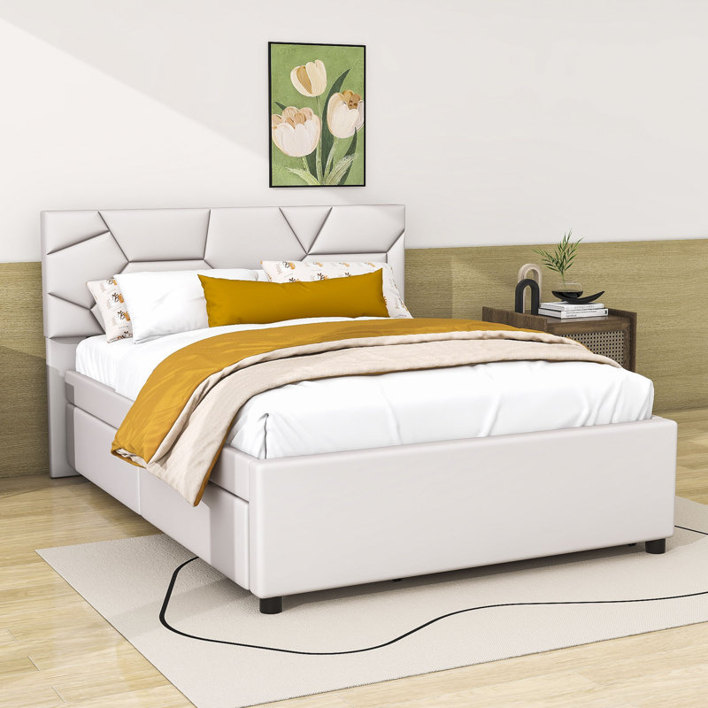 Lit plateforme tapissier avec tiroir et tête de lit Vasila, Double, Beige