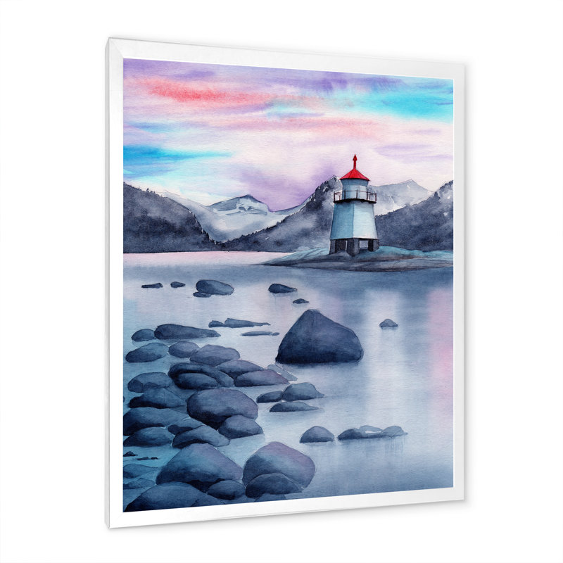 Paysage de soirée avec un phare - Peinture sur toile, H 44 po x l 34 po x P 1,5 po, Cadre photo blanc