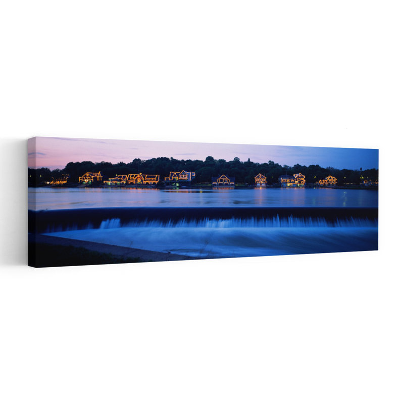 Boathouse Row Lit Up At Dusk Philadelphia Pennsylvania USA by Jerry Driendl Photography - Wrapped Canvas Panoramic Print