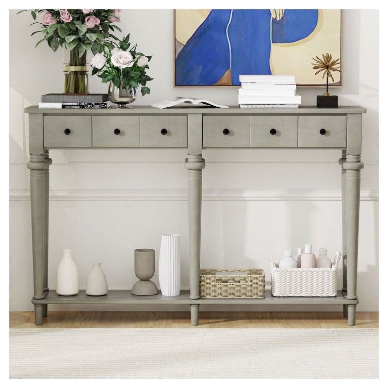 TREXM Retro Console Table with Four Drawers and Slim Profile, Gray Wash Finish