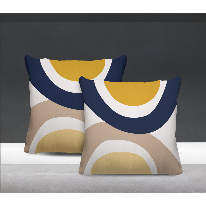 Jeté carré en polyester / mélange de polyester intérieur / extérieur, L 19 po x H 19 po, Jaune / bleu marine / beige