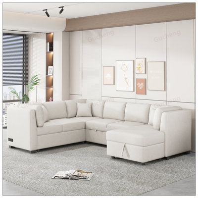 Canapé modulaire en U de 108,6 pouces avec lit escamotable, ports USB, prises de courant et méridienne de rangement pour le salon