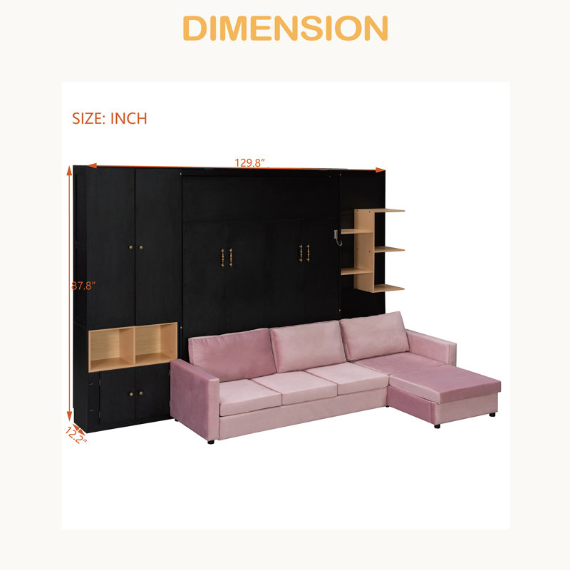 Grand lit escamotable avec grand canapé, tablettes et armoires de rangement, lit mural moderne à faible encombrement avec deux lumières