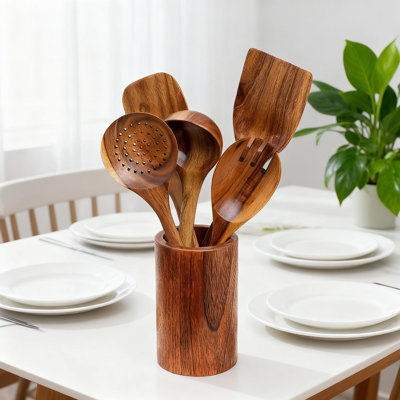 7-Piece Natural Acacia Wooden Utensil Set With Holder - Non-Scratch Cooking Spoons, Spatula, Turner, Skimmer, Salad Fork For Non-Stick Cookware