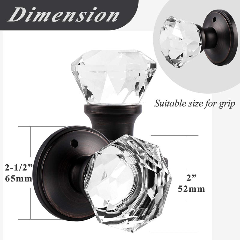 Crystal Door Knobs Keyless Lock with Round Rosette, Privacy, Oil Rubbed Bronze