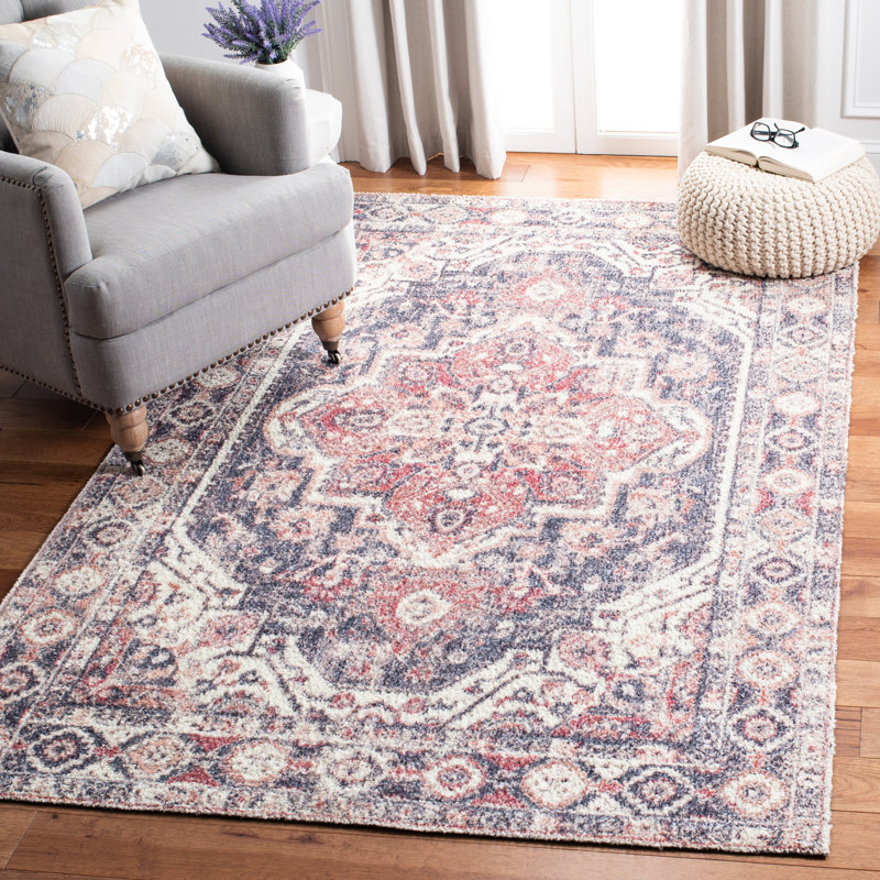 Tapis géométrique en polyester touffeté à la main rouge / bleu, Rectangle de 5 pi x 8 pi