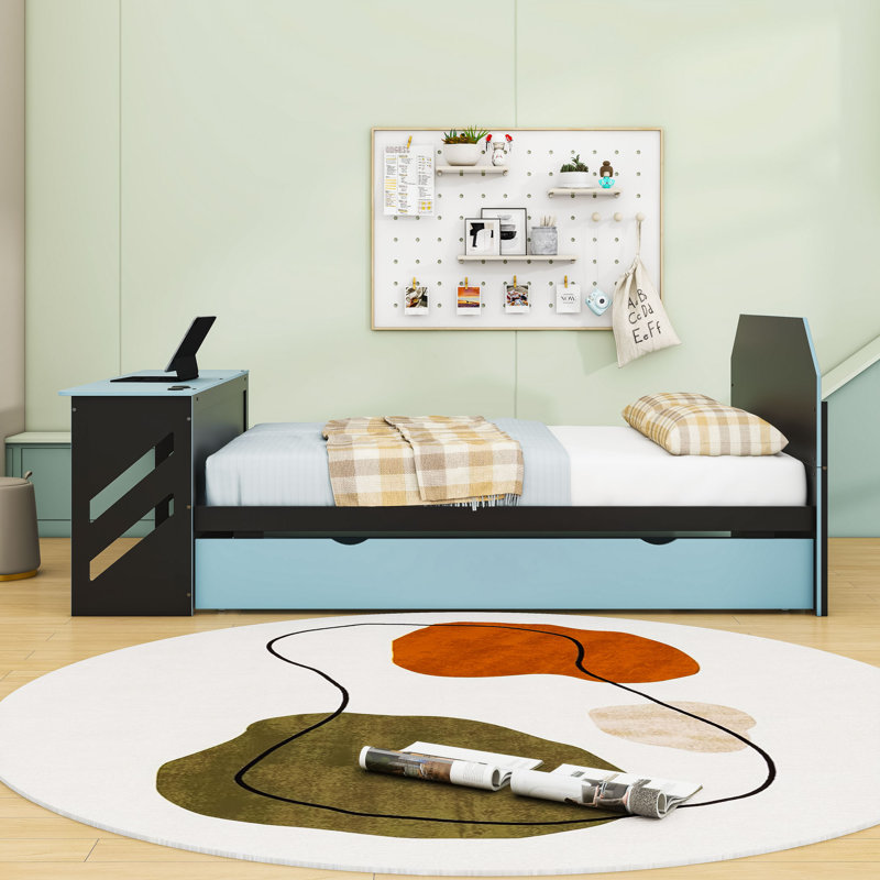 Lit de jour double avec bureau intégré et port USB et lit gigogne simple, Bleu nuage