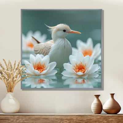 Baby Duck In Pond With White Flowers - Duck Animal Wall Art