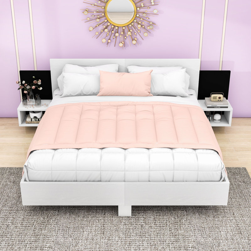 Wooden Floating Platform Bed with Built-in Nightstands and LED Lighting, White, King
