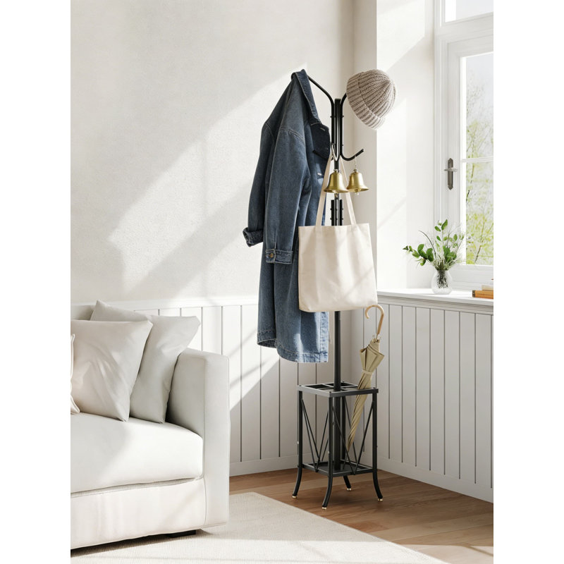 Portemanteau autoportant avec porte-parapluie et 12 crochets, organisateur de vestibule en métal pour vestibules, sacs, chapeaux et accessoires