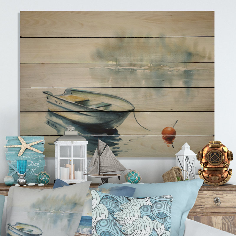 Bateau abstrait en bois dans un lac - peinture sur bois sans cadre, H 24 po x l 36 po x P 1 po
