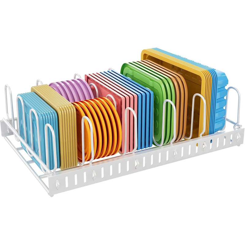 Organisateur de couvercle de récipient à nourriture blanc amélioré et porte-couvercle réglable en métal avec 6 diviseurs pour armoires, armoires, placards, garde-manger, tiroirs pour garder la cuisine bien rangée