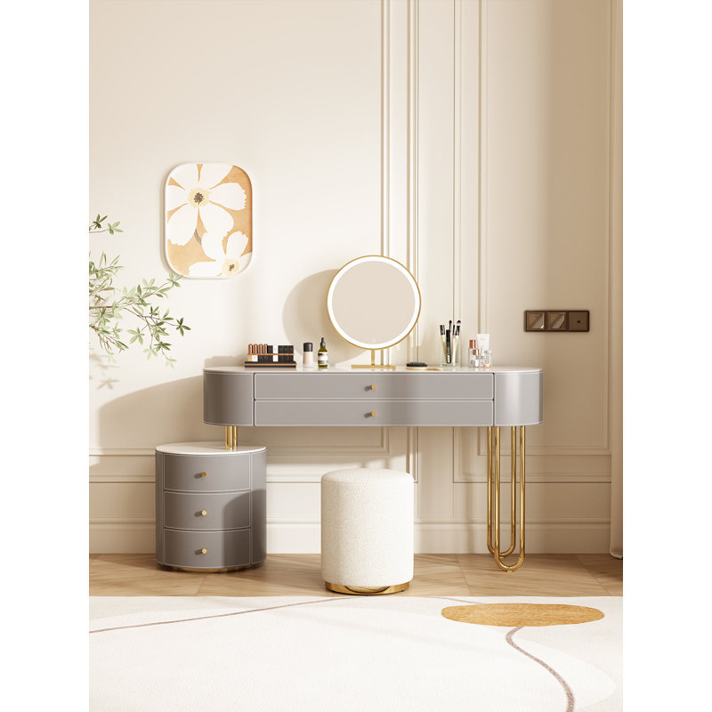 Ensemble de coiffeuse Jahnea-Elegant: table de coiffeuse et tabouret à finition ardoise en cuir Saddle, support en acier inoxydable, installation réversible et miroir à DEL à intensité variable