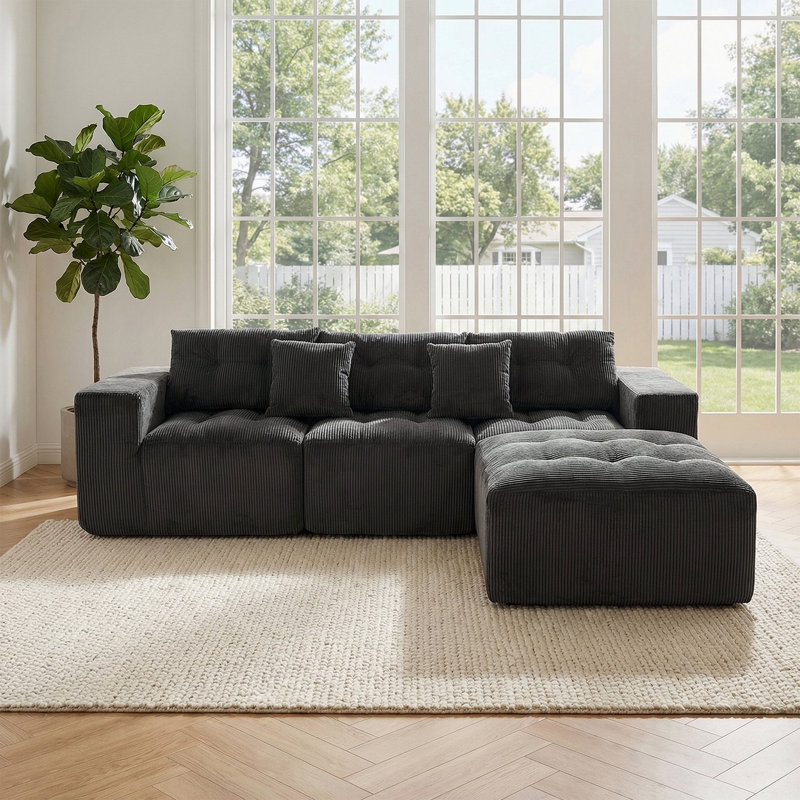 Canapé modulaire en forme de L de 101 po, canapé Cloud confortable à 3 places, tissu en velours côtelé, avec repose-pieds mobile, ensemble de bricolage gratuit, adapté au salon, à la chambre à coucher et à l’appartement (gris)