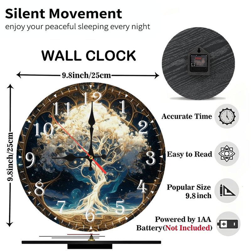 Horloge murale en bois 10 po, mouvement silencieux, à piles (piles AA non incluses), décor artistique, parfait pour les décorations