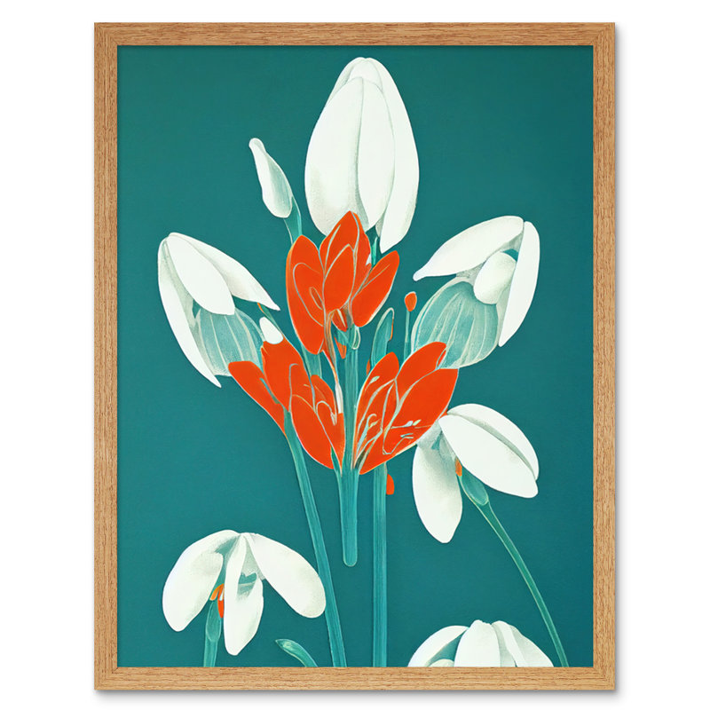 Abstract Retro Snowdrops Red Flowers - Print, Light Brown Framed Paper, 25.9cm H x 20.6cm W