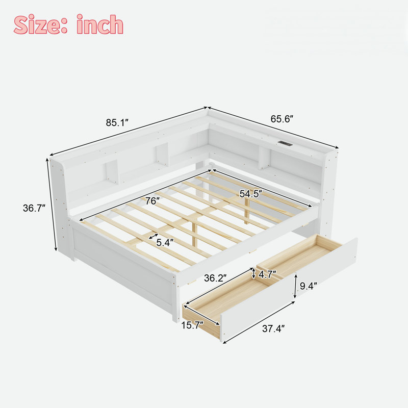 L-shaped Daybed With Bookcases, Power Outlets, Usb Charging Ports And 2 Drawers, Whtie