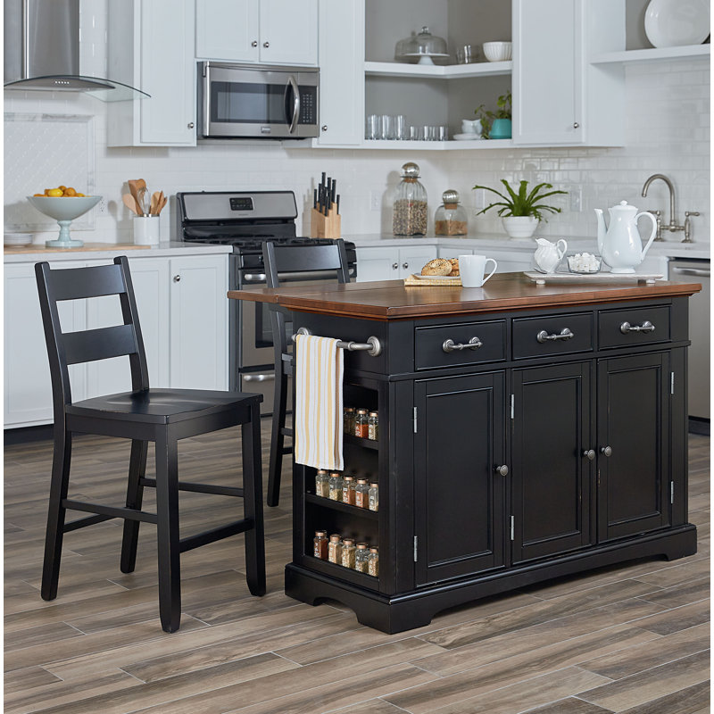 Hewish Wood Kitchen Island Set, Black/Vintage Oak with Black Stools