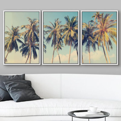 Tropical Palm " Vintage Tropical Palm Trees On A Beach " 3 - Pieces