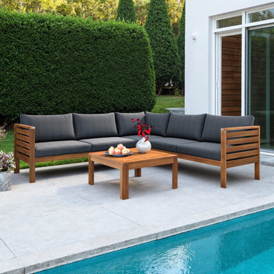Ensemble de canapé d'extérieur en bois d'acacia 4 pièces - Canapé modulaire d'inspiration japonaise avec coussins résistants à l'eau, table basse - Ensemble de conversation pour patio, jardin ou terrasse