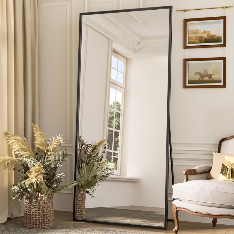 Full Length Mirror, 71"x28" Floor Mirror with Stand, Hanging Mounted Mirrors for Bedroom, Living Room, Cloakroom, Dining Room, Black, Rect