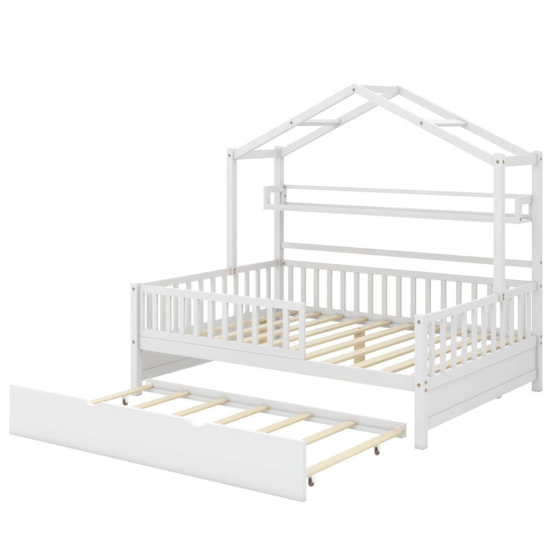 Lit double rustique pour enfants avec couchette coulissante et tablette de rangement, Blanc