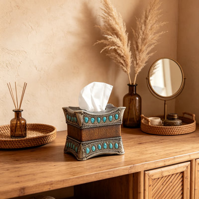Boîte à mouchoirs rustique en similicuir ornée d'une pierre turquoise - Porte-mouchoirs cubique en résine pour une décoration intérieure de style amérindien du Sud-Ouest