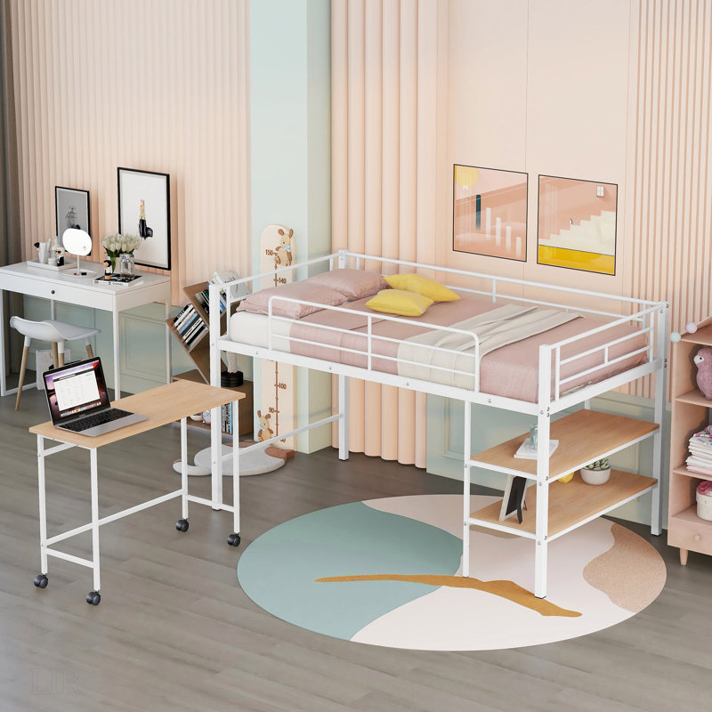 Lit mezzanine simple en métal avec bureau et tablettes, conception peu encombrante pour le bureau et le rangement, blanc