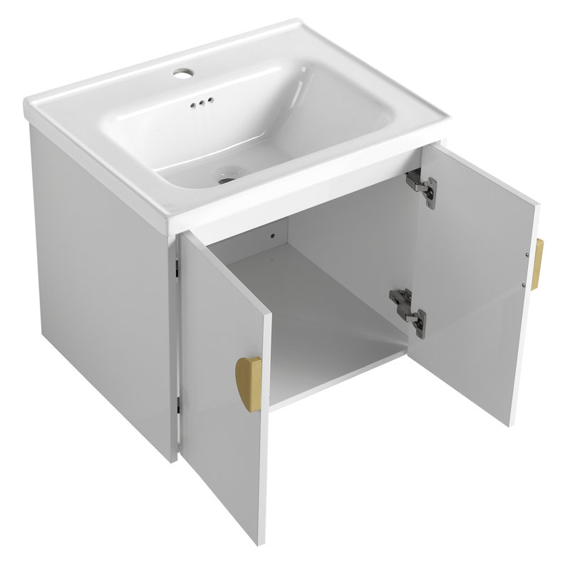 Meuble-lavabo moderne de 60 pouces avec lavabo. Fixation murale, blanc brillant. Tablettes de rangement. Bassin en céramique, contreplaqué. 2 armoires et lavabos. Assemblage non terminé, assemblé. Évier et rangement blanc brillant.