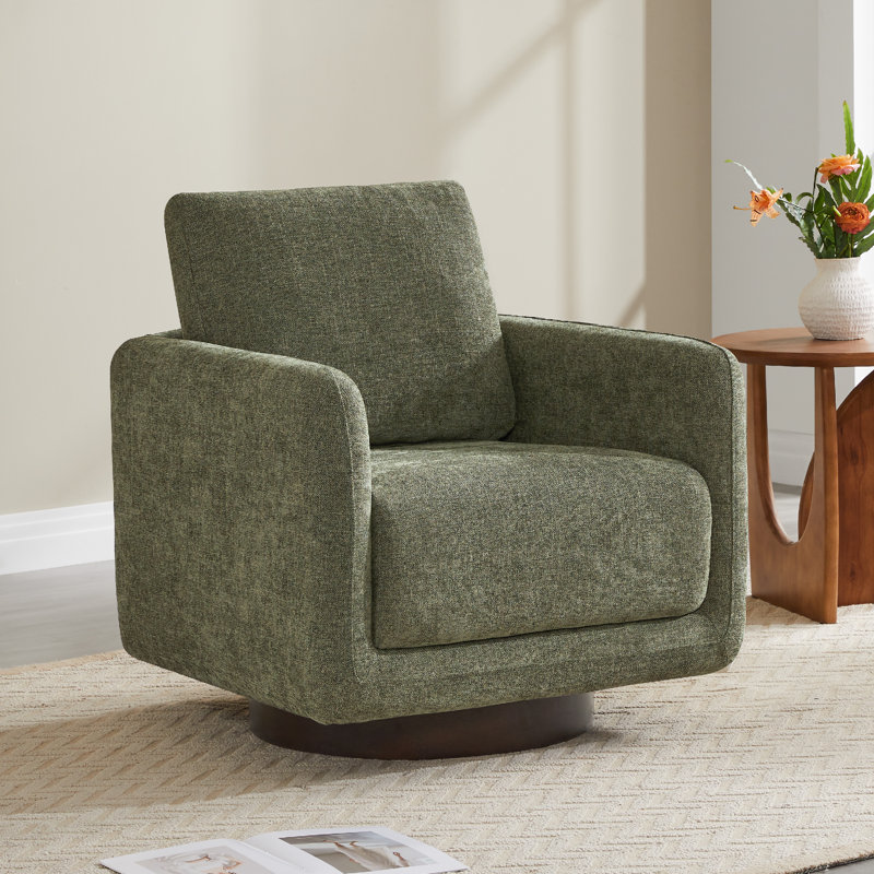 Assiatou 30'' W Upholstered Swivel Armchair With Wooden Base, Moss Performance Chenille