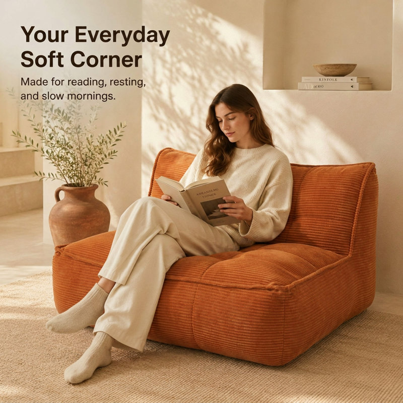Canapé double chenille, canapé pouf double en velours côtelé pour le salon, la chambre à coucher et le dortoir, mini canapé douillet moelleux, orange