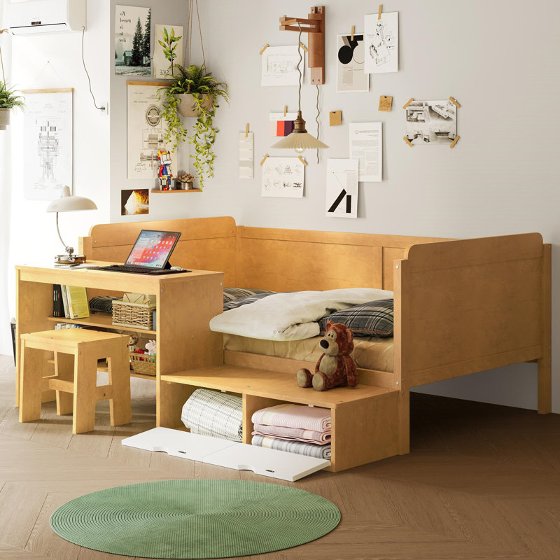 Lit de jour en bois avec tablettes de rangement et casiers