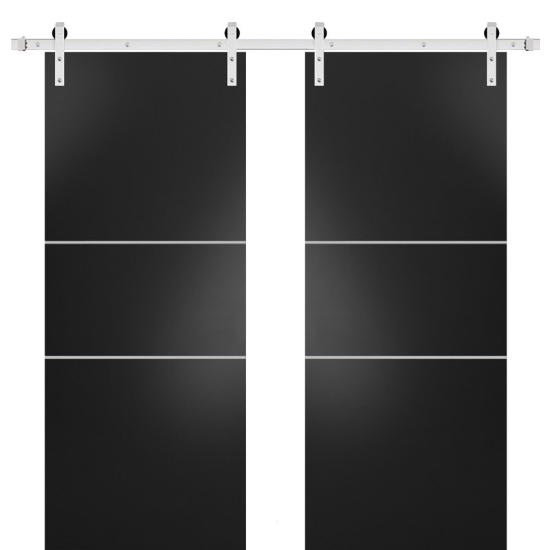Porte de grange à panneaux en bois, Noir mat / Chrome, 56 po x 84 po
