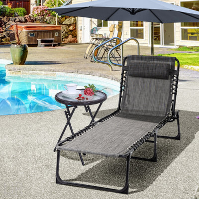 Reclining Chaise Lounge Chair, Portable Sun Lounger, Folding Camping Cot, With Adjustable Backrest And Removable Pillow, For Patio, Garden, Beach, Chair