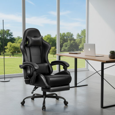 Chaise ergonomique à haut dossier avec repose-pieds et support lombaire, réglable en hauteur et inclinable, idéale pour le bureau à domicile.