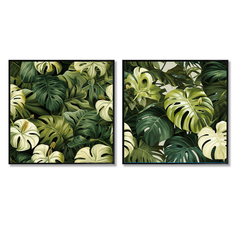 Liloh - Ensemble de 2 collages carrés tropicaux, Cadre flottant noir, H 16 po x l 33 po