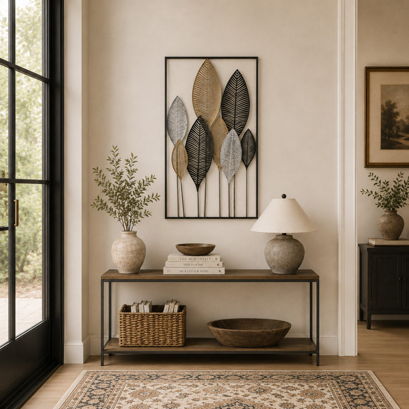 Metal Leaf Bronze Wall Decor with Black Frame, 37" H x 20" x 0.5" D