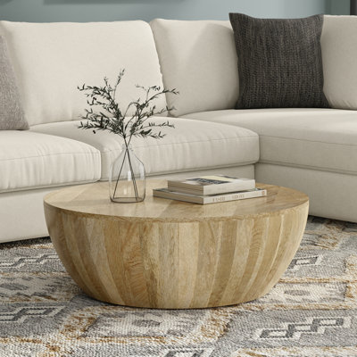 Elmbrook 34"W Solid Mango Wood Modern Industrial Round Drum Coffee Table, Fully Assembled