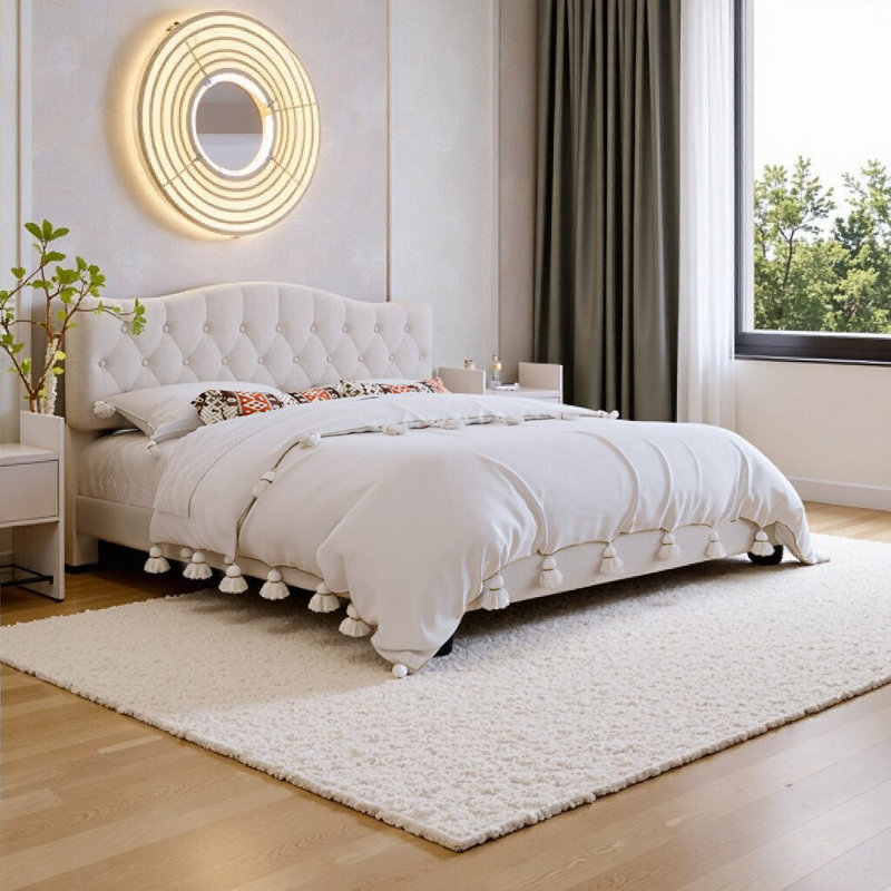 King Size Beige Linen Upholstered Platform Bed with Adjustable Saddle Curved Headboard & Diamond Tufting, No Box Spring Required