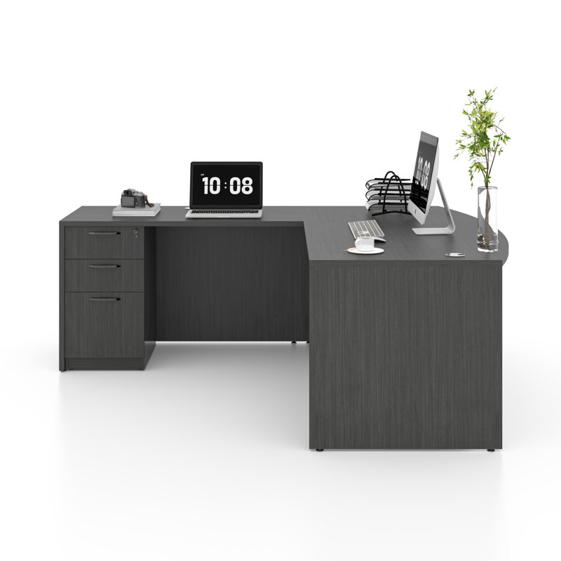 Bow Front L-Shaped Executive Desk With File Cabinet, Gray