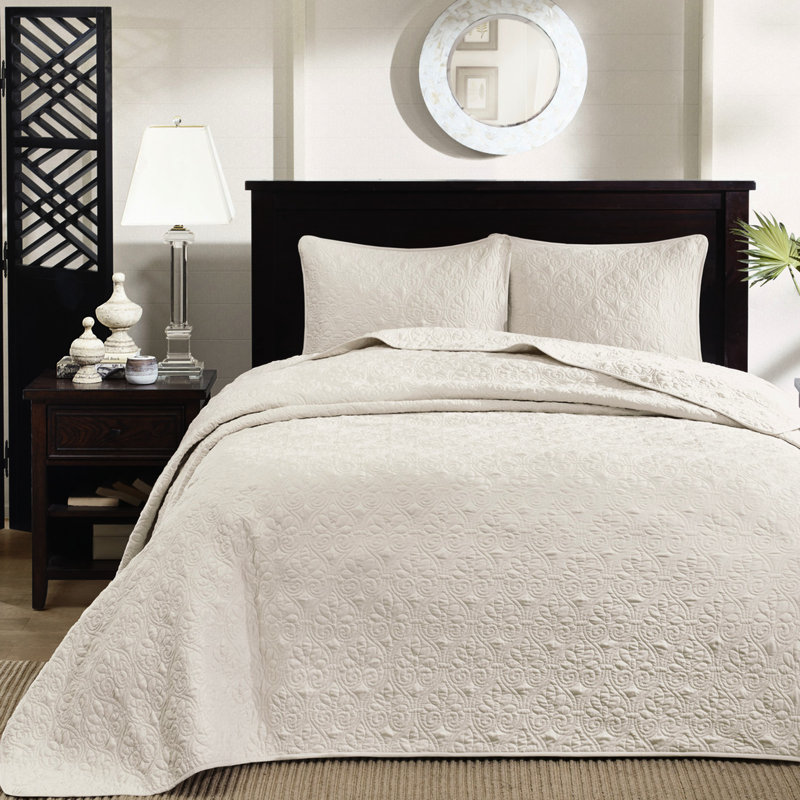 Couvre-lit double crème - réversible avec motif classique, rembourrage en coton pour le confort, fraîcheur surdimensionnée pour la chambre à coucher, finition