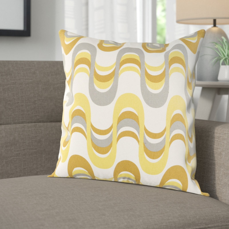 Bettina Wave Cotton Throw Pillow Cover, Lemon Yellow/ Gray Multi