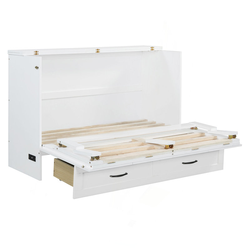 Lit escamotable double avec grands tiroirs, Lit double, Blanc